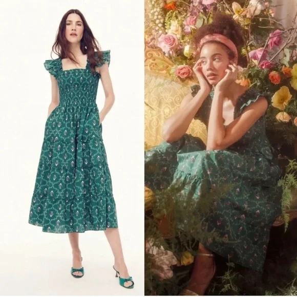 Hill House Ellie Nap Dress Cottagecore Emerald Trellis Floral Size Small - Picture 2 of 7